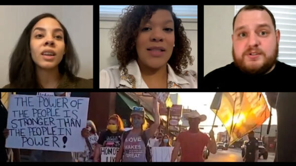 An image of PRO Gainesville community organizers and an image from the protest.