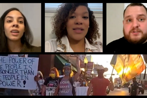 An image of PRO Gainesville community organizers and an image from the protest.