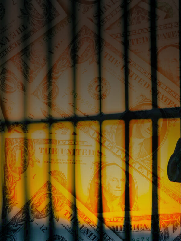 jail bars across a background of money