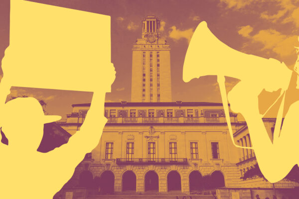 Animated photo of people protesting outside of University of Texas at Austin tower