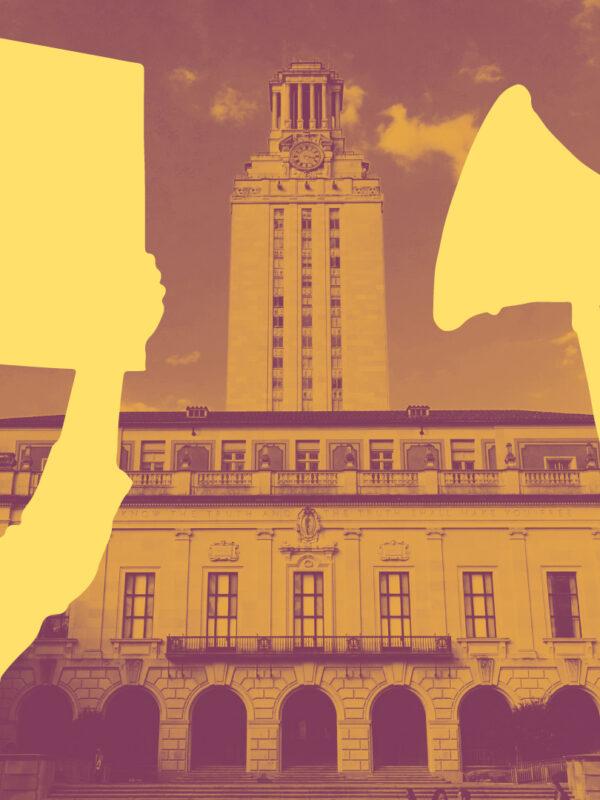 Animated photo of people protesting outside of University of Texas at Austin tower
