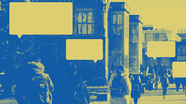 Blue and yellow picture of students with empty quote boxes.