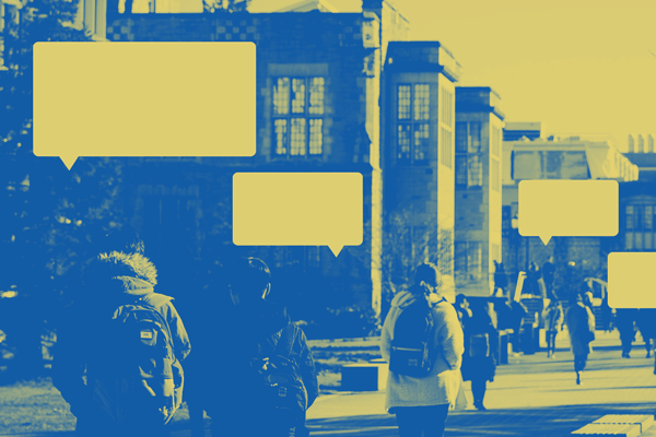 Blue and yellow picture of students with empty quote boxes.