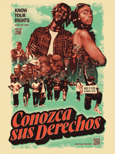 Photo of black and brown community members with language saying Know Your Rights and Nadie es ilegal written on the poster