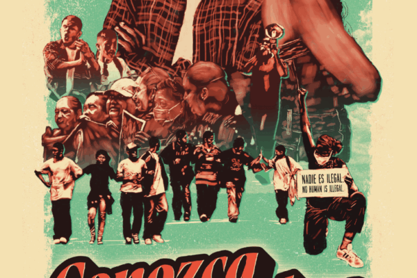 Photo of black and brown community members with language saying Know Your Rights and Nadie es ilegal written on the poster