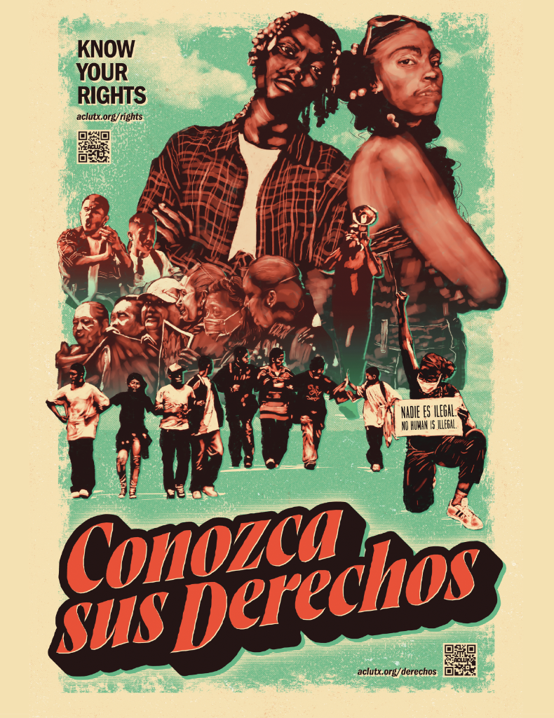 Photo of black and brown community members with language saying Know Your Rights and Nadie es ilegal written on the poster