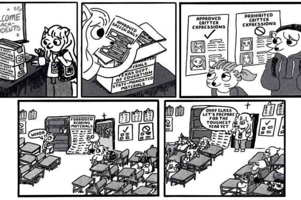 Comic with five slides that shows an animal-style student entering school and seeing a pamphlet of approved versus prohibited speech. The student sees a list of banned materials and the teacher says "Let's prepare for the toughest year yet."