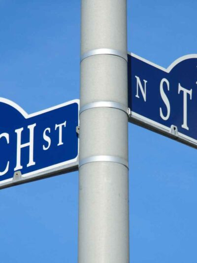 Photo of a pole with two street signs pointing in different directions, one that says "Church" and the other that says "State."