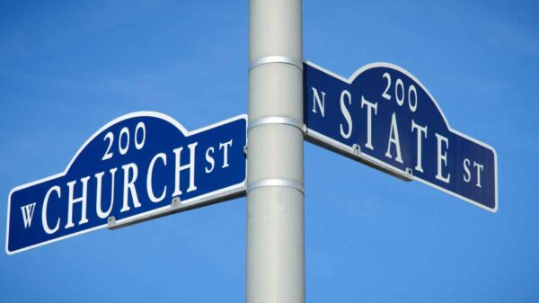 Photo of a pole with two street signs pointing in different directions, one that says "Church" and the other that says "State."