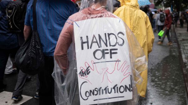 Photo of a person at a protest, taken from behind, wearing a protest sign from their back that reads "Hands off the Constitution"