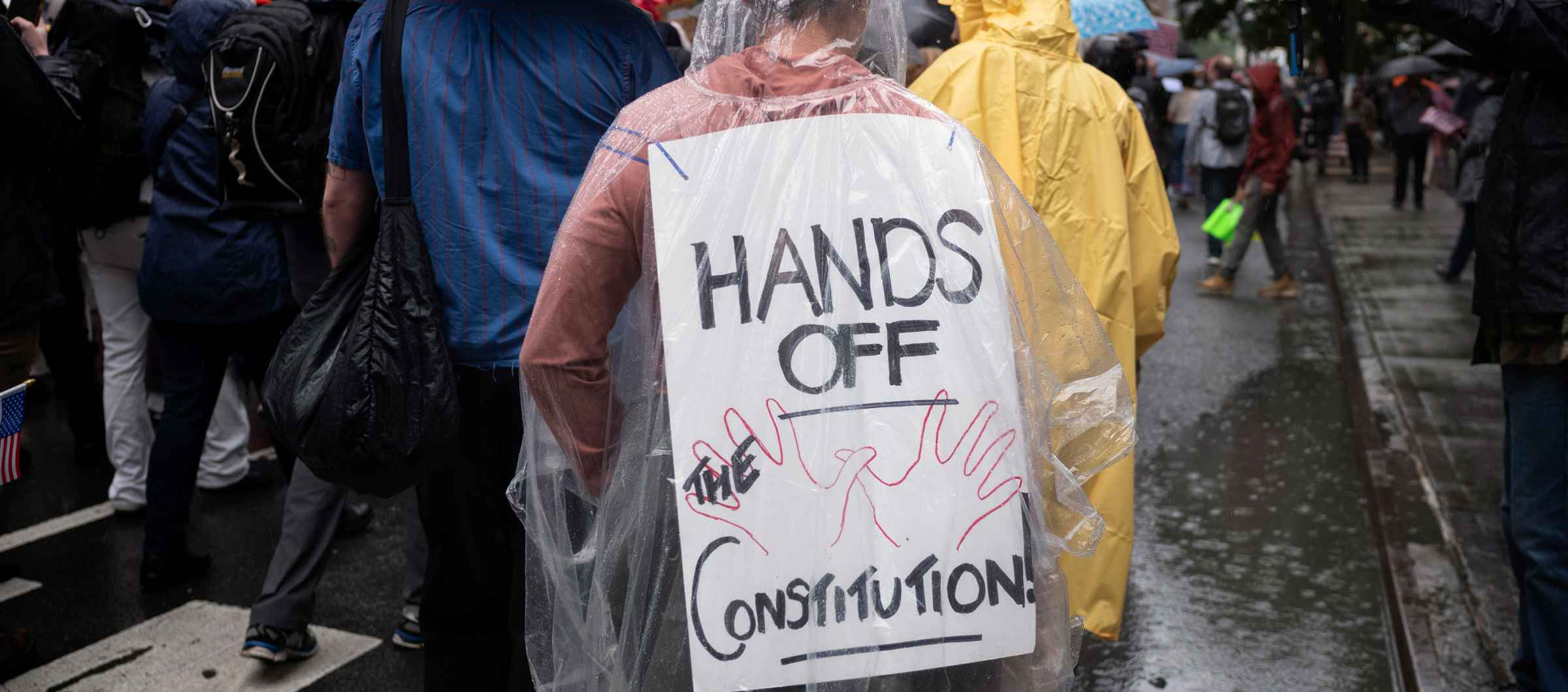 Photo of a person at a protest, taken from behind, wearing a protest sign from their back that reads "Hands off the Constitution"
