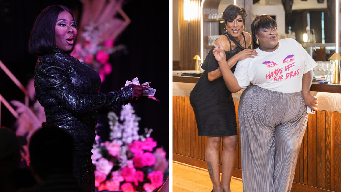 Mashup of two photos of Black trans Texans performing and posing for the camera.