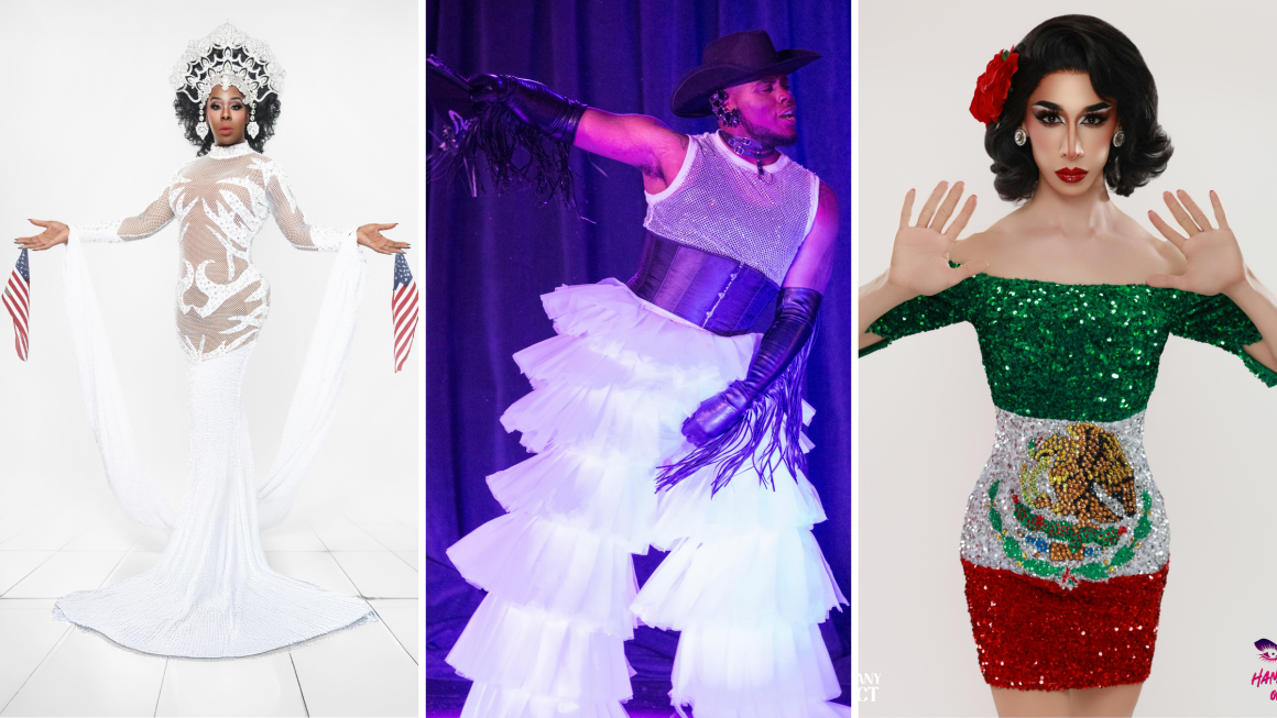 Mashup of three different photos of Texans performing drag