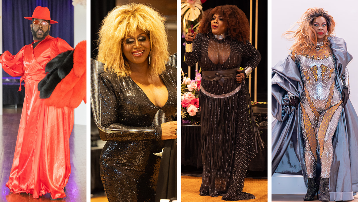 Mashup of four photos of different Texans performing drag