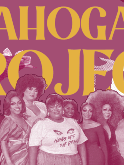Image of a group of Black trans women standing together with a purple-tinted overlay on the photo and yellow text that reads "The Mahogany Project"