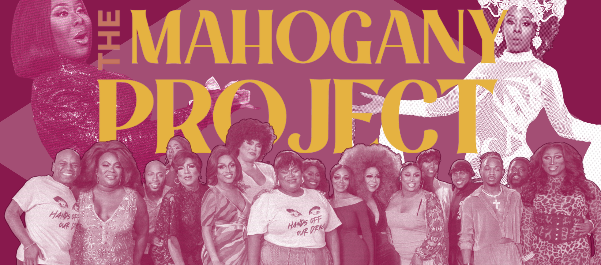 Image of a group of Black trans women standing together with a purple-tinted overlay on the photo and yellow text that reads "The Mahogany Project"