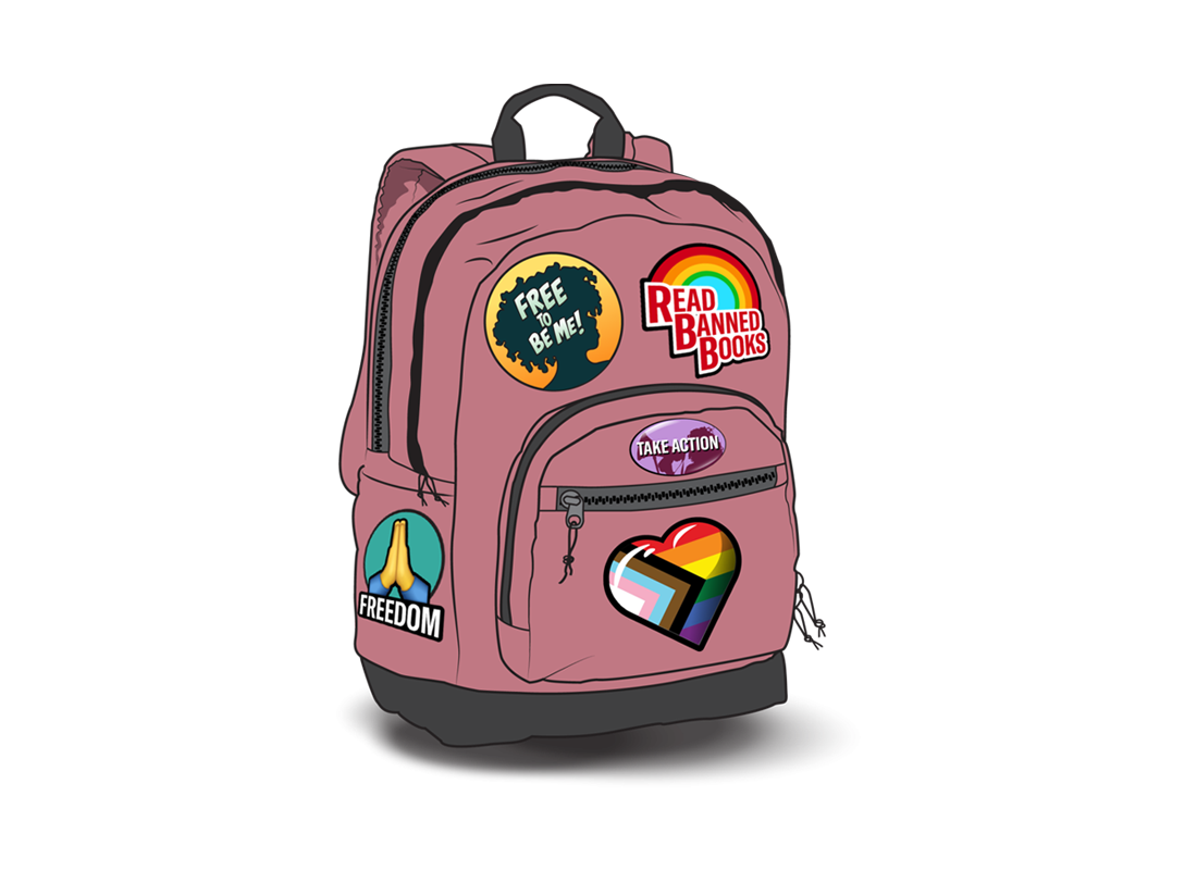 Illustration of a pink backpack with multiple stickers on it