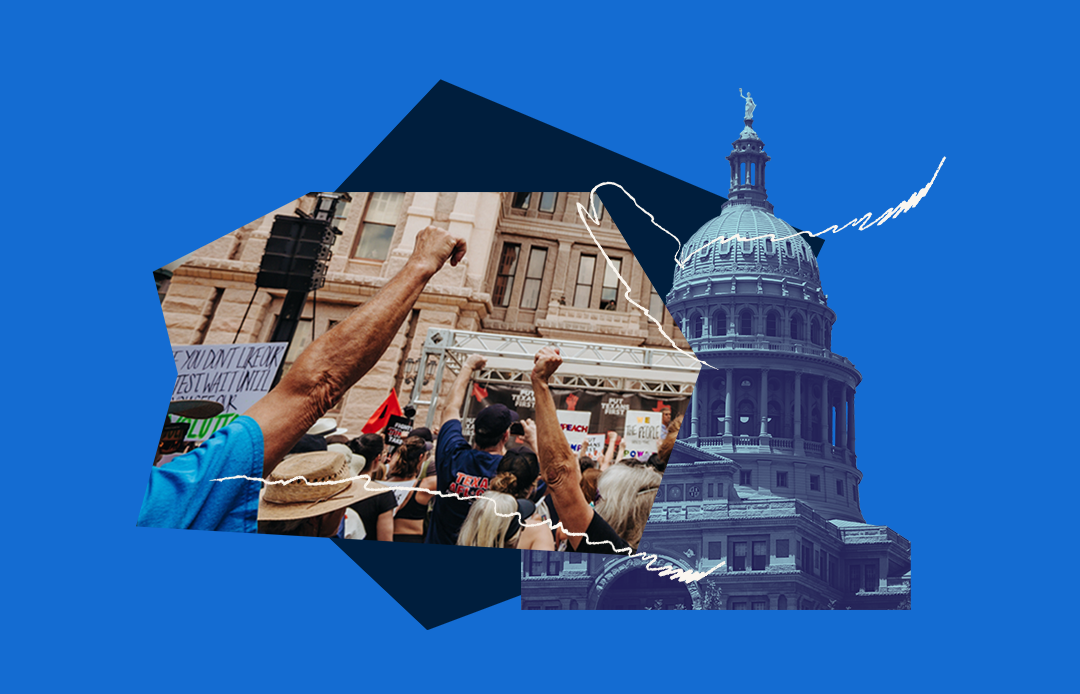 Decorative collage of Texas Capitol building overlaid with a photo of people raising their fists.