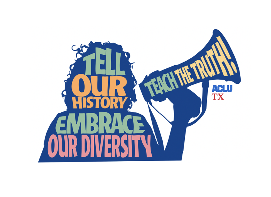 Silhouette of a person with the text "tell our history, embrace our diversity, and teach the truth" written across the silhouette