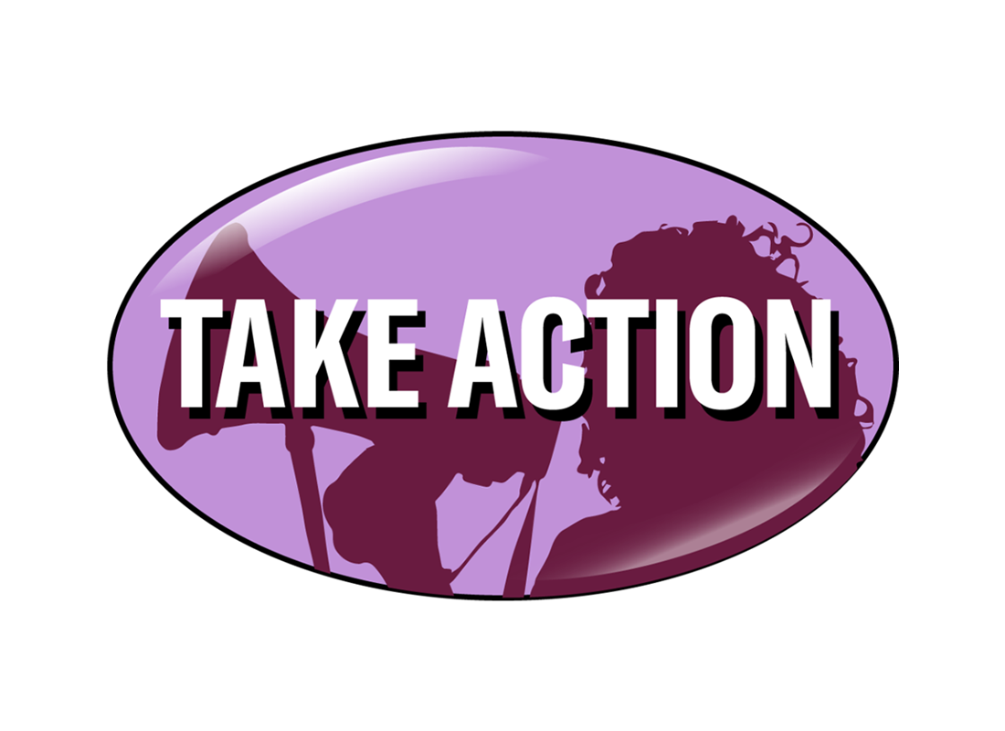 Silhouette of a person holding a megaphone that says Take Action in bold text