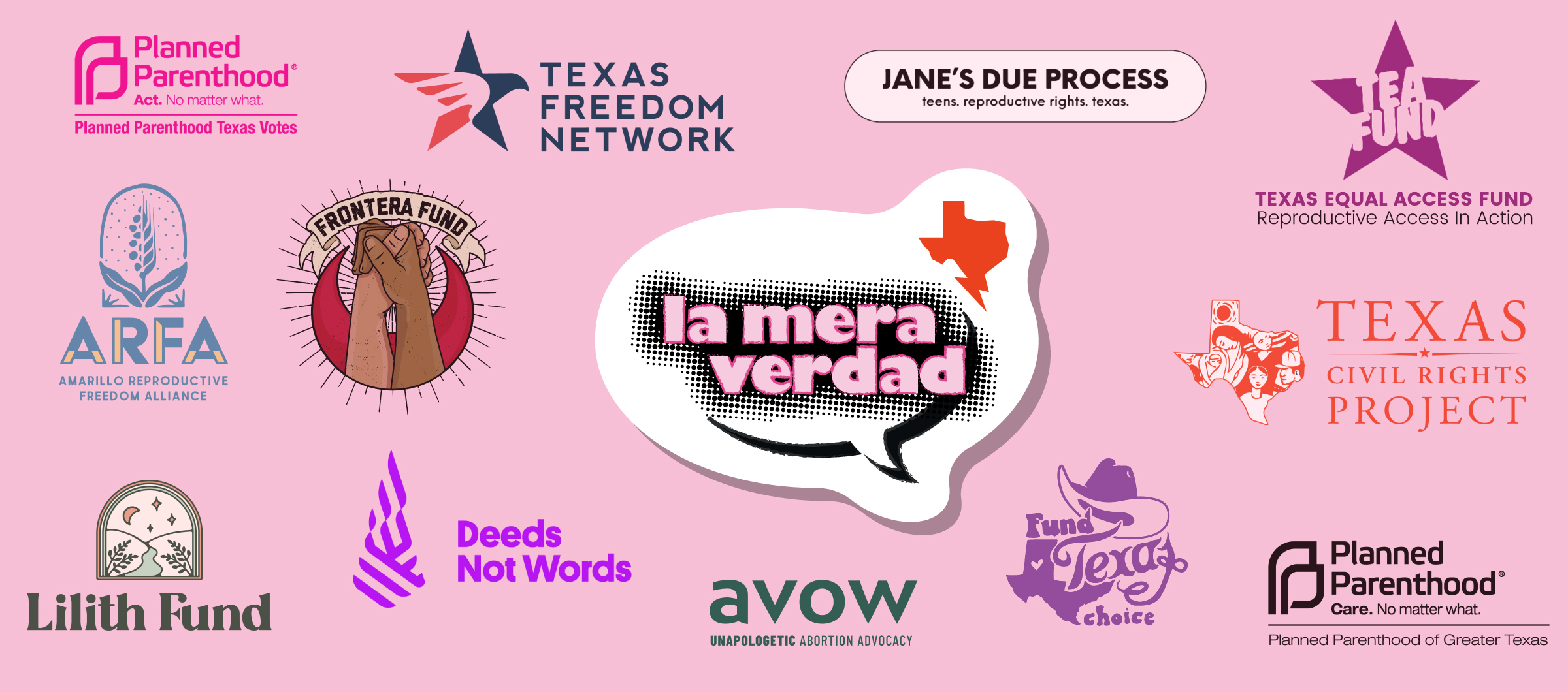 La mera verdad logo surrounded by organization logos