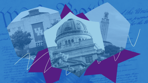image of texas a&m, university of houston and university of texas superimposed on a blue and purple background