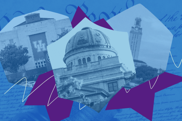 image of texas a&m, university of houston and university of texas superimposed on a blue and purple background