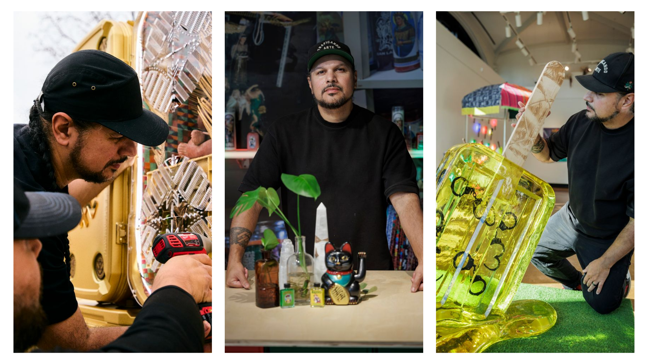 three photo collage of MARKA27. in the left photo, he is using a drill on a golden object; in the center, posing with eclectic items; right, admiring a large, clear sculpture indoors.