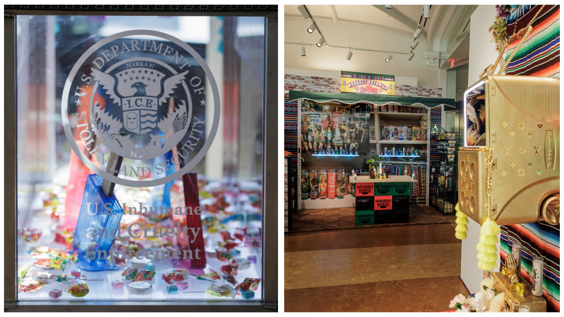 split image: the left shows a glass panel art piece by MARKA27; the right shows MARKA27's exhibit of a vibrant display with Mexican-themed decorations, a golden display case, and a variety of colorful items.