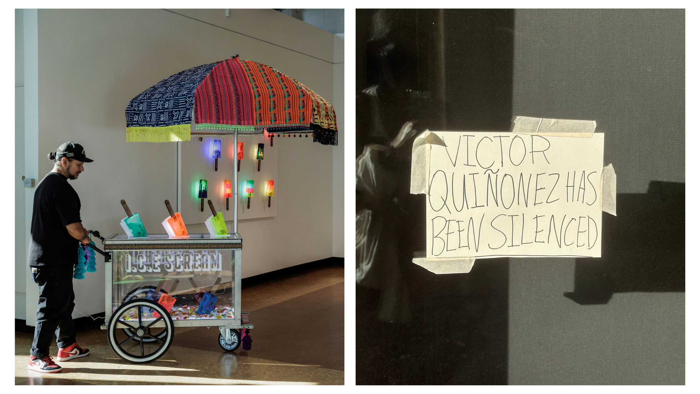 two photos — on the left, MARKA27 stands by his art piece which is a vibrant ice cream cart with popsicles and a colorful canopy. the right photo is a taped sign that reads, "Victor Quiñonez has been silenced."