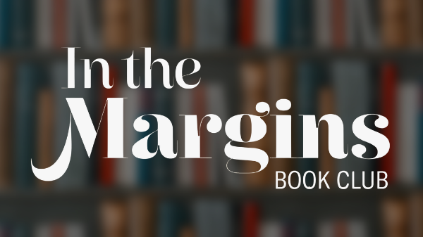 In the Margins Book Club text on library bookshelf background