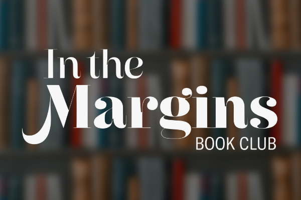 In the Margins Book Club text on library bookshelf background