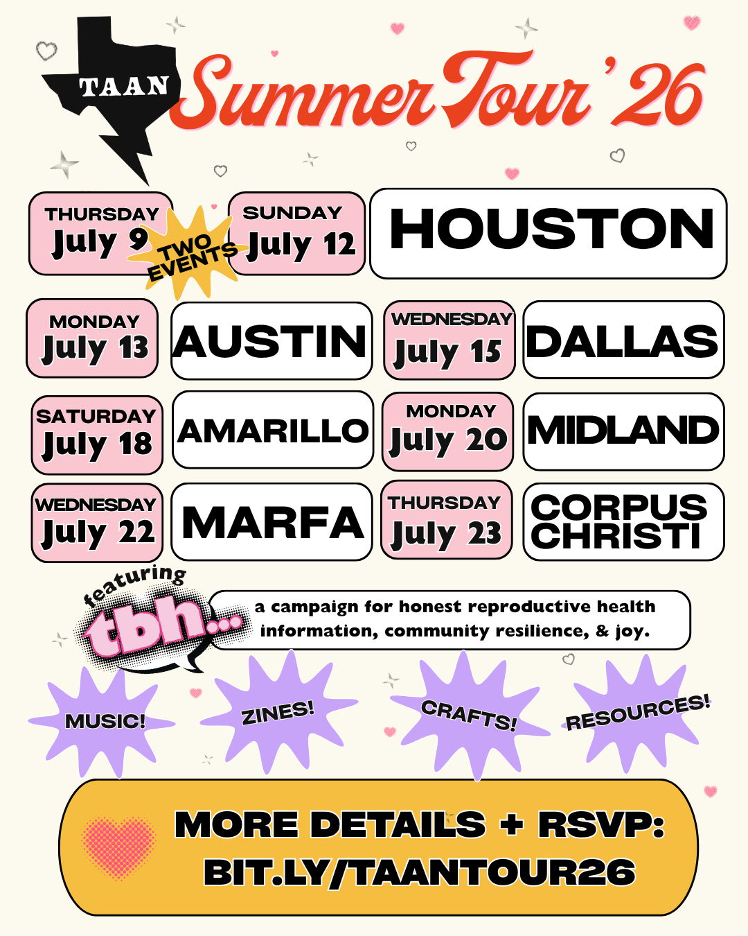 image of the dates, locations, and times of the 2026 Taan summer tour