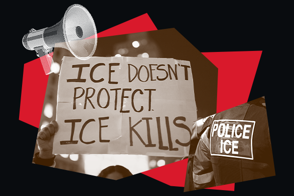 Protest imagery with sign that reads: ICE doesn't protect, ICE kills.