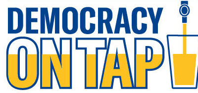 image of dallas skyline over the words democracy on tap