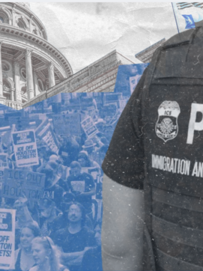 website banner including photo of texas capitol, crowd of protesters, and the back of an individual in an immigration agent uniform.