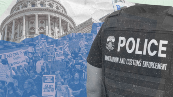 website banner including photo of texas capitol, crowd of protesters, and the back of an individual in an immigration agent uniform.