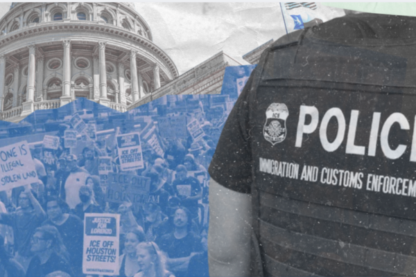 website banner including photo of texas capitol, crowd of protesters, and the back of an individual in an immigration agent uniform.