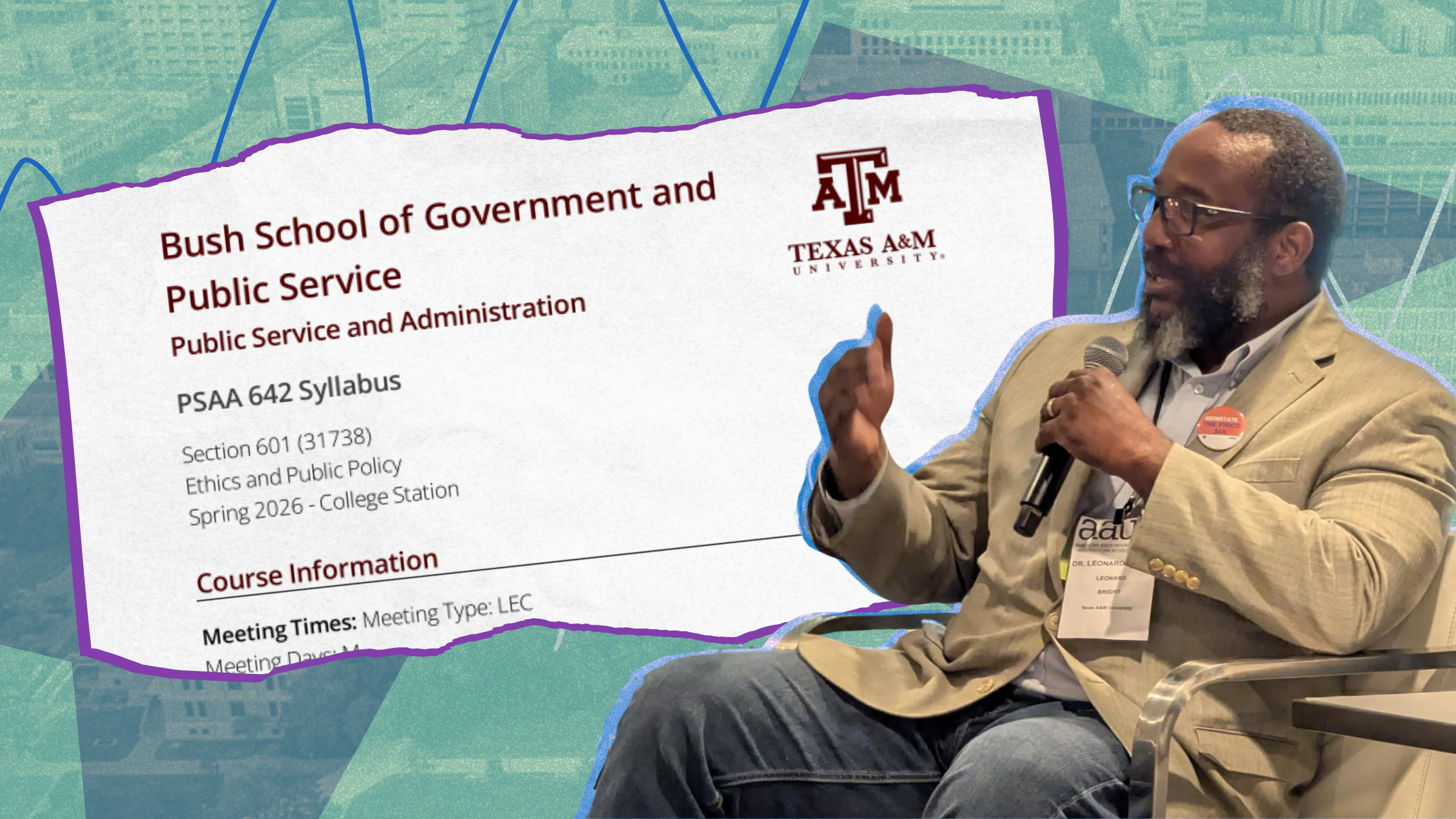 Banner image of Dr. Bright and a screenshot of the header of Dr. Bright's syllabus for the canceled course.