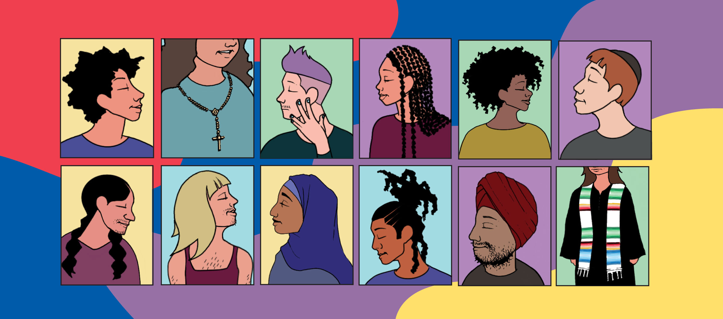 sketch image of students of various races, religious backgrounds, genders 