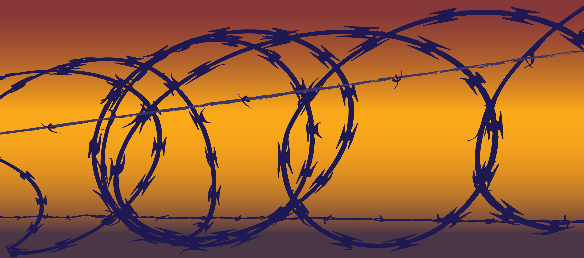 Barb wire in front of a yellow and orange hued background
