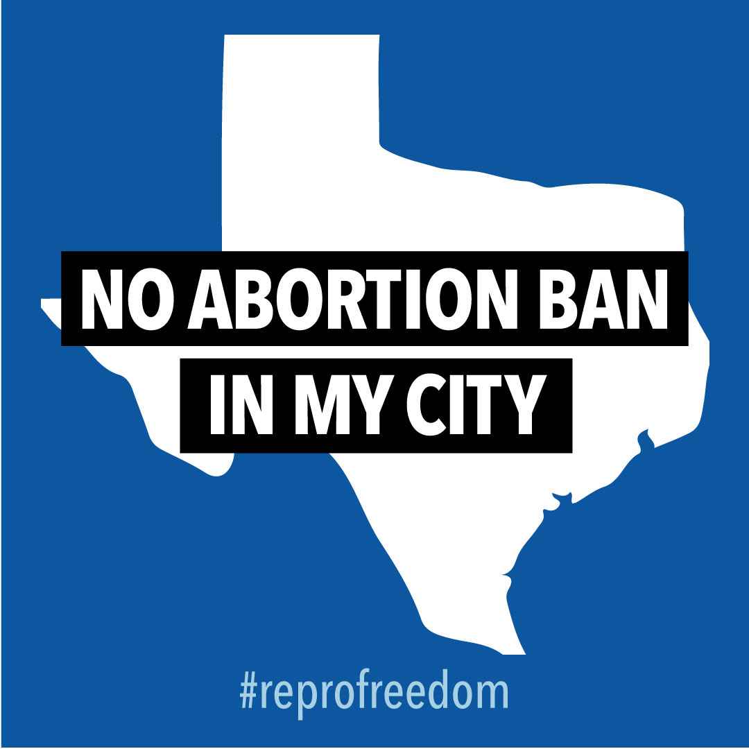 Graphic with blue background that says "No Abortion Ban in My City"