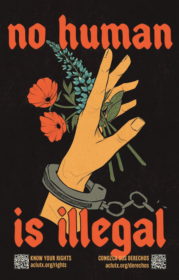 image of a hand holding flowers against a black background. the text "no human is illegal is written on the poster.