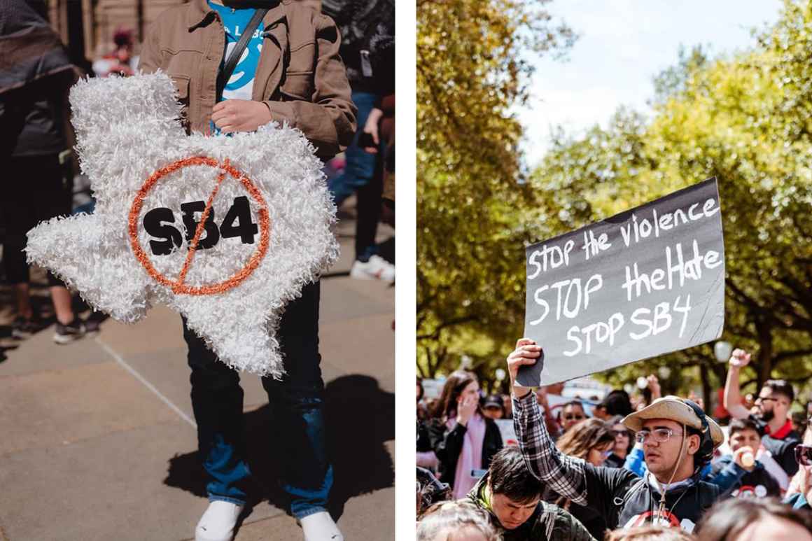 Signs with "No SB4" and "Stop the violence. Stop the hate. Stope SB4"