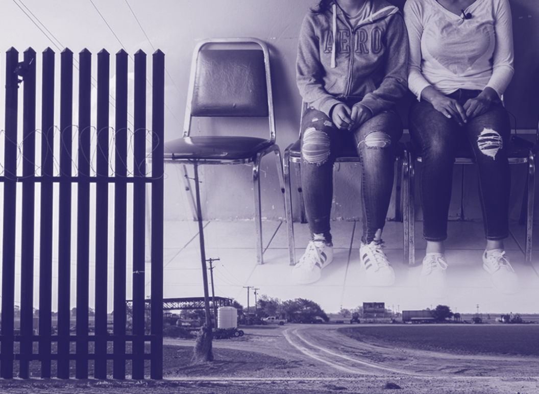 Collage image of the border wall and two asylum seekers seated and waiting