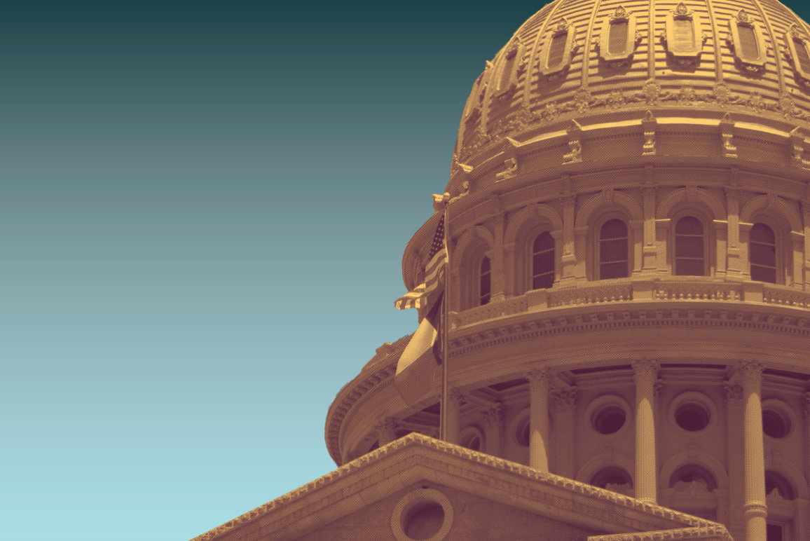 Image: A stylized image of the Texas Capitol building is juxtaposed against a gradient background