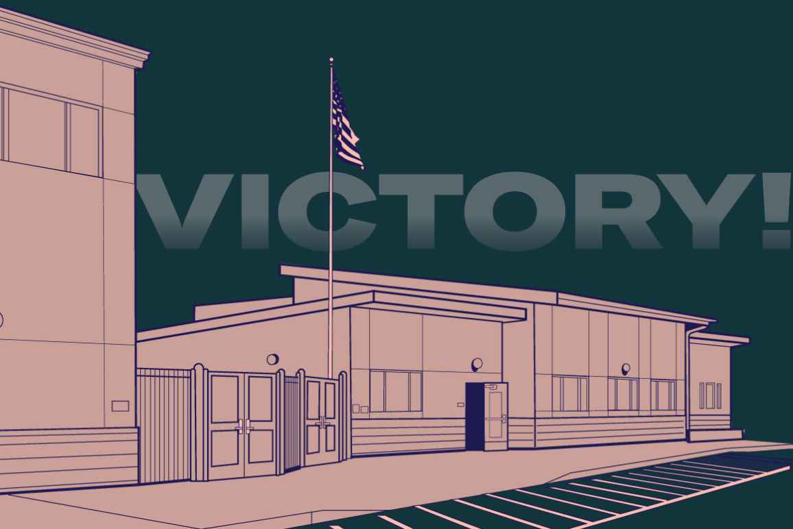 Image of a school with the word Victory!