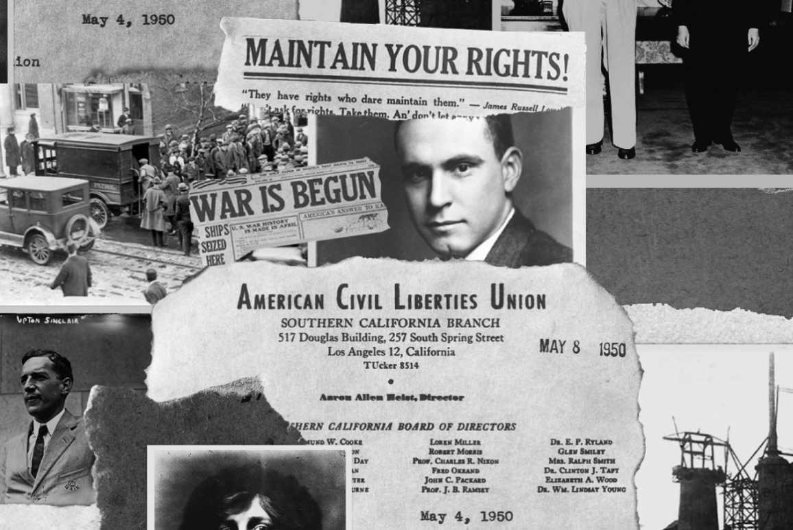 A black and white collage of news clips and Roger Baldwin, founder of the ACLU