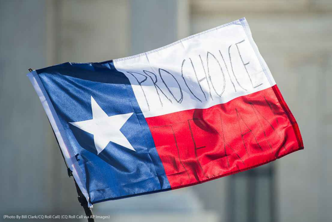 Texas state flag with the words "Pro Choice Texan" written on the horizontal elements