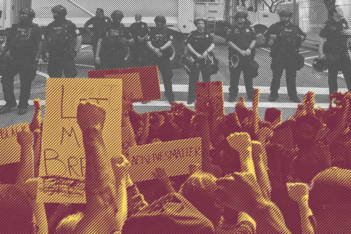 Image: A graphic shows two stylized photos collaged together. In the foreground is a crowd, fists, signs, and phones raised. In the background, police officers in riot gear stand in a line, facing the crowd.